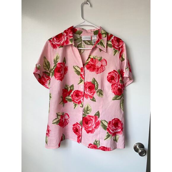 Liz Claiborne Linen Shirt Floral Pink Roses Cottagecore Romantic Button Up L 14 - Picture 1 of 7
